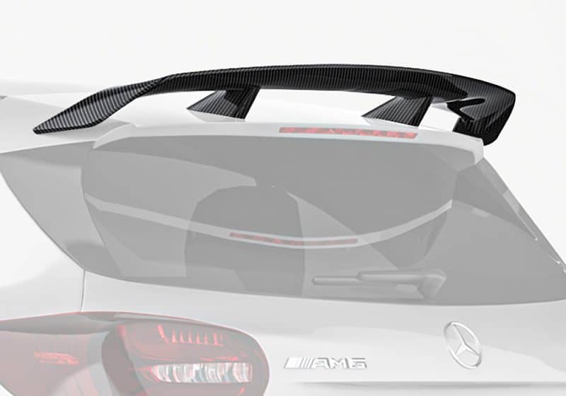 A wide-angle shot showing the Mercedes Benz A-Class W176 equipped with the Carbon Fiber Rear Spoiler, emphasizing its aggressive and refined profile