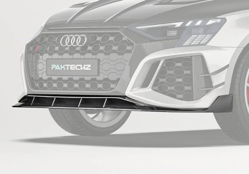 Audi RS3 8Y featuring the carbon fiber front lip seamlessly integrated, improving aerodynamics and adding a sporty profile