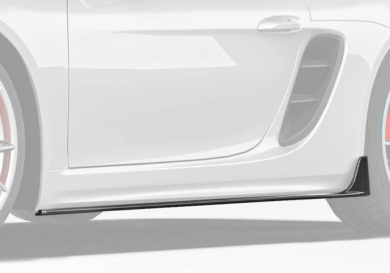 Display the complete side profile of the Porsche 718, emphasizing the seamless integration and aggressive look of the Carbon Fiber Side Skirts