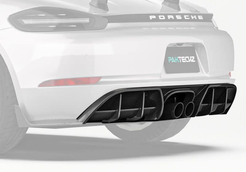 Display the aggressive and race-inspired transformation of the Porsche 718’s rear profile with the installed Carbon Fiber Rear Diffuser