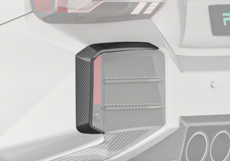 A high-resolution close-up showing the Carbon Fiber Rear Canards in precise alignment with the rear bumper, emphasizing their aggressive, race-inspired contours