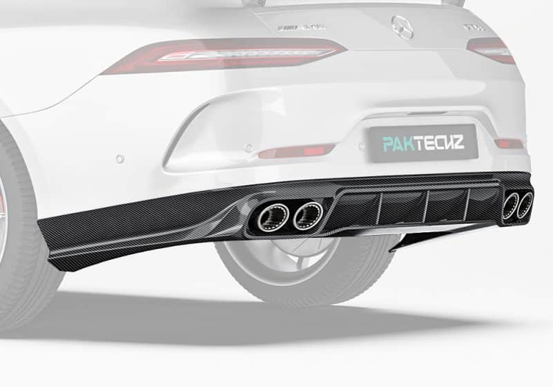 A full rear perspective of the Benz AMG GT43, emphasizing the Carbon Fiber Rear Diffuser’s sporty and aggressive enhancement of the rear bumper profile