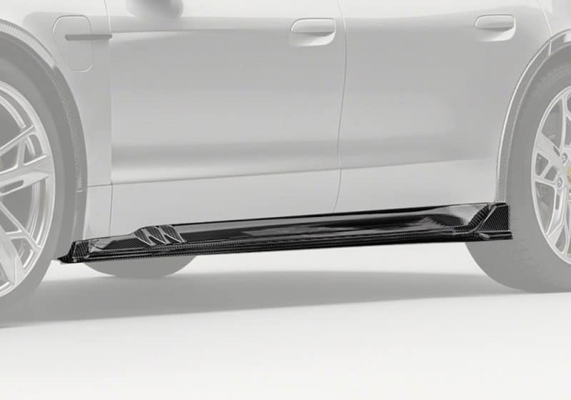 Side view of a Porsche Taycan 4S fitted with Carbon Fiber Side Skirts, showcasing sleek styling